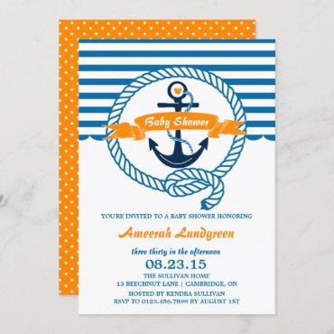 Navy & Orange Nautical Baby Shower Invitation