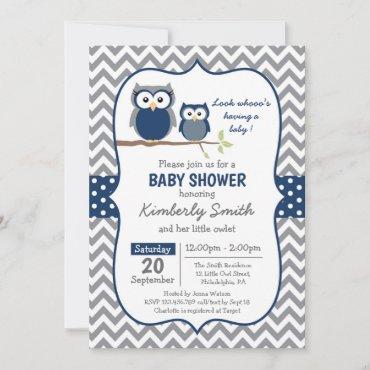 Navy Owl Baby Shower Invitation