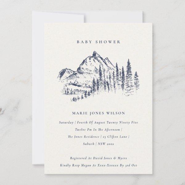 Navy Pine Mountain Sketch Baby Shower Invite