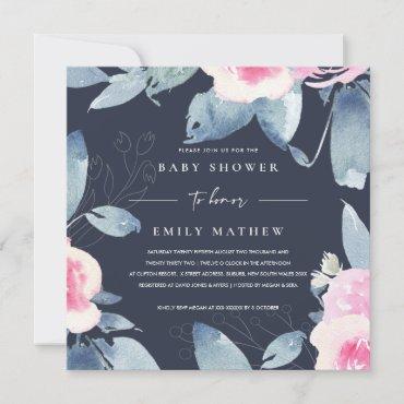 NAVY PINK BLUE FLORAL WATERCOLOR