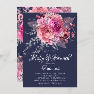 Navy Pink & Silver Floral Baby Brunch Shower Invitation