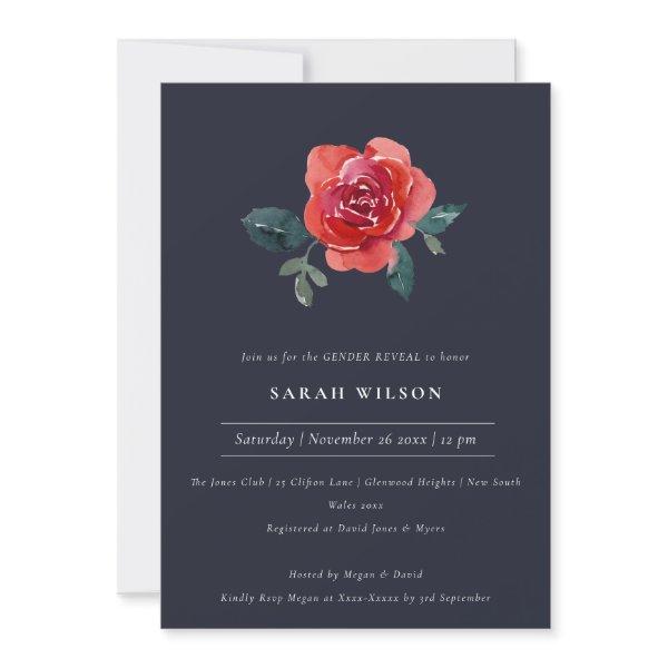 NAVY RED GREEN ROSE FLORAL GENDER REVEAL INVITE