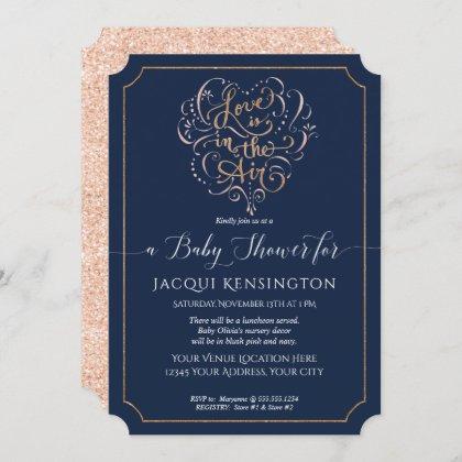 Navy Rose Gold Glitter Typography Baby Girl Shower Invitation