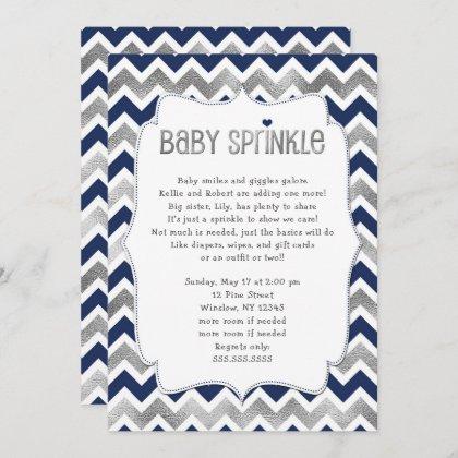 Navy Silver Baby Sprinkle, boy baby shower invites