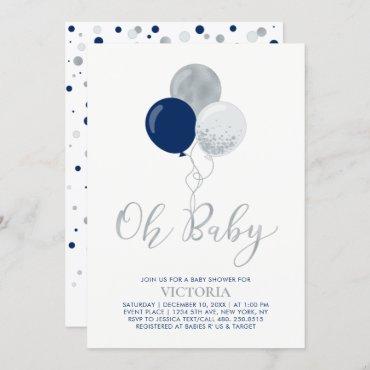 Navy & Silver Balloons | Oh Baby Boy Baby Shower Invitation