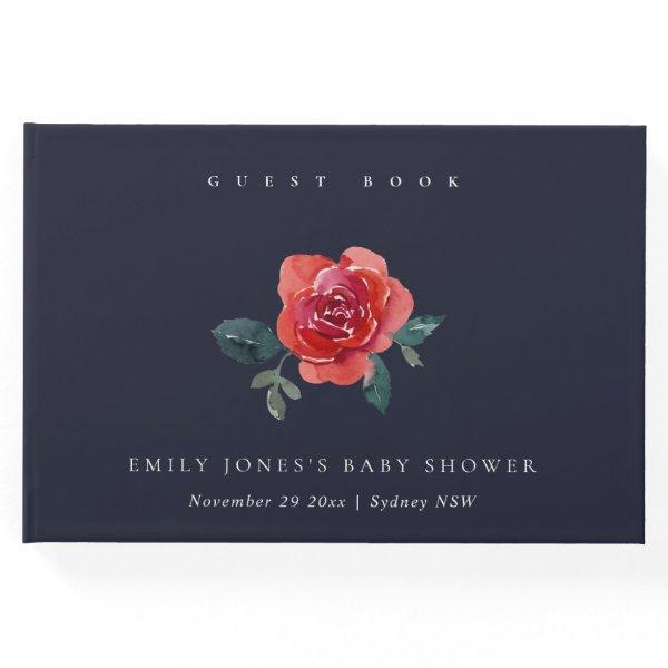 NAVY WATERCOLOR RED GREEN ROSE FLORAL BABY SHOWER GUEST BOOK