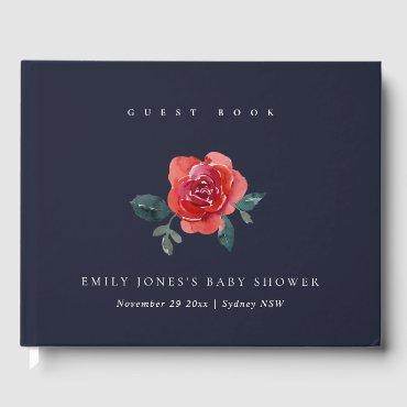 NAVY WATERCOLOR RED GREEN ROSE FLORAL BABY SHOWER GUEST BOOK