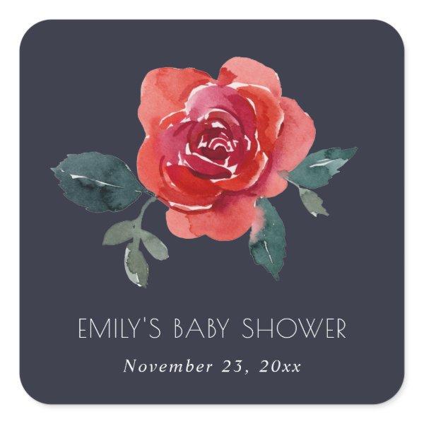 NAVY WATERCOLOR RED GREEN ROSE FLORAL BABY SHOWER SQUARE STICKER