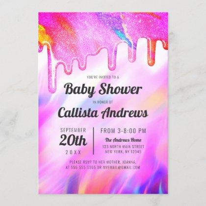 Neon Unicorn Holographic Glitter Drip Baby Shower Invitation