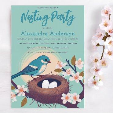 Nesting Party Blue Bird Nest Eggs Floral Blossom