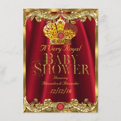 Neutral Baby Shower Royal Red Gem Gold Crown 2 Invitation