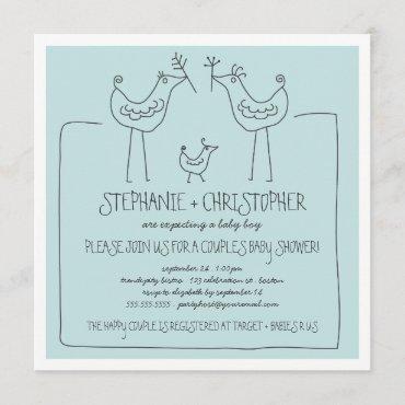 Neutral Birds Modern Family Couple Boy Baby Shower Invitation