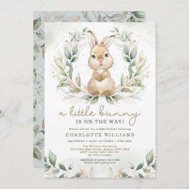 Neutral Bunny Rabbit Greenery Gold Baby Shower Invitation