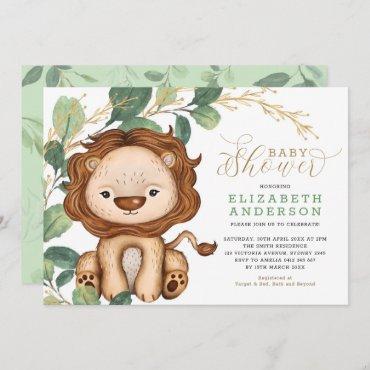 Neutral Lion Soft Greenery Gold Baby Shower Invitation