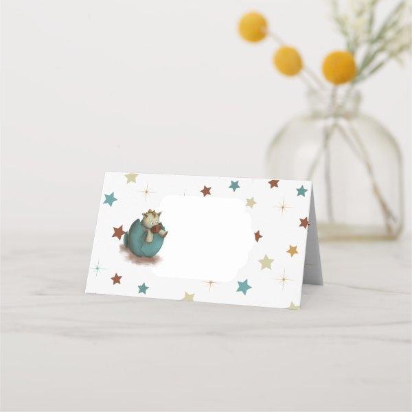 Neutral place cards with a dinosaur and stars