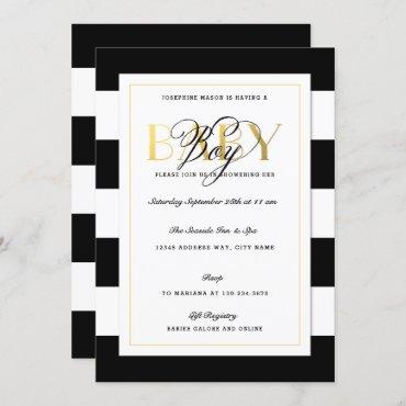 NEW Black & White Stripe Baby Boy Shower Gold Invitation