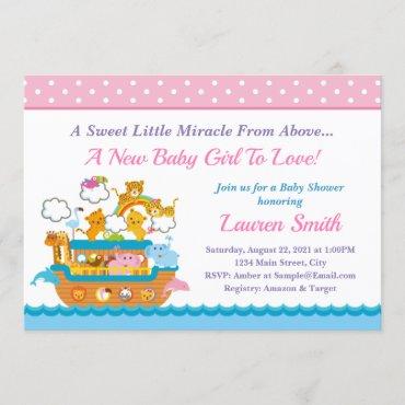 Noah's Ark Girl Baby Shower Invitation 5x7 Card