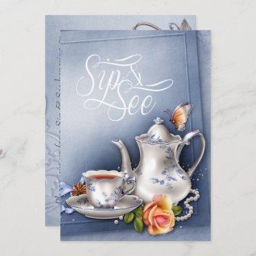 Nostalgic Blue Tea Party  Sip and See Baby Shower Invitation