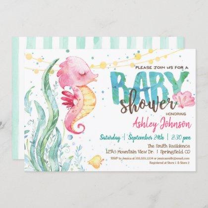 Ocean Baby Shower, Girl Pink Seahorse invitation