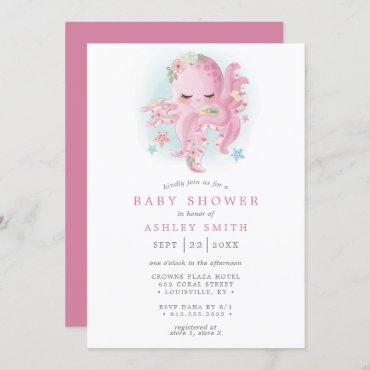 Octopus Cute Pink Watercolor Girl Baby Shower Invitation
