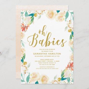 Oh Babies Peach Floral  Glitter Twins Baby Shower Invitation