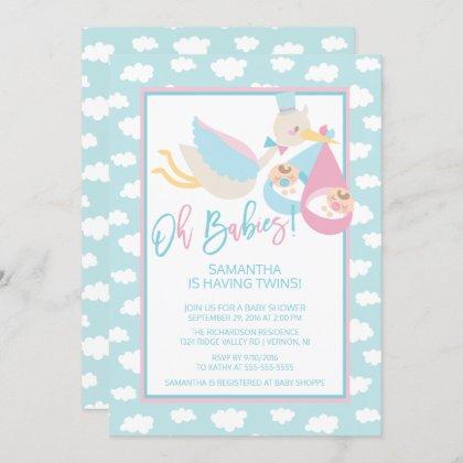 Oh Babies! Stork twin Baby Shower Invitation