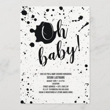 Oh Baby Black + White Splatter Neutral Baby Shower Invitation