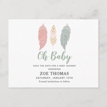Oh Baby Boho Feathers Baby Shower Save The Date  Postcard