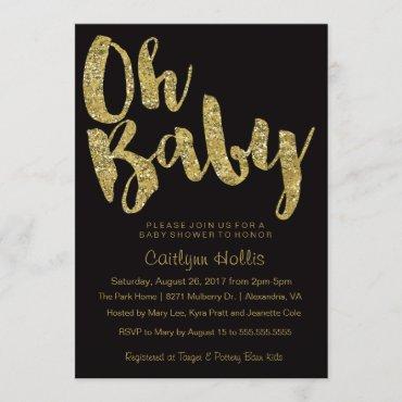 Oh Baby Gold Glitter and foil on black Baby Shower Invitation