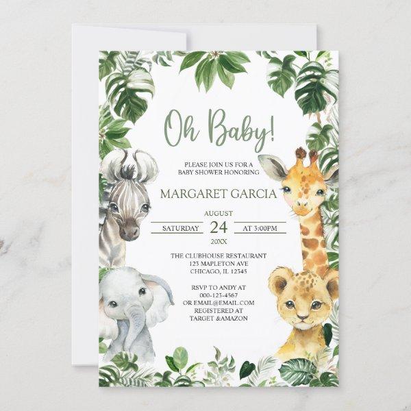 Oh Baby Greenery Jungle Safari Animals Baby Shower Invitation