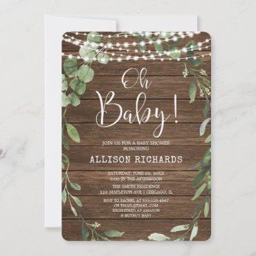 Oh Baby Rustic lights greenery baby shower Invitation