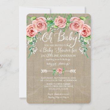 Oh Baby Shower Girl Flower Crown Barn Wood Boards Invitation