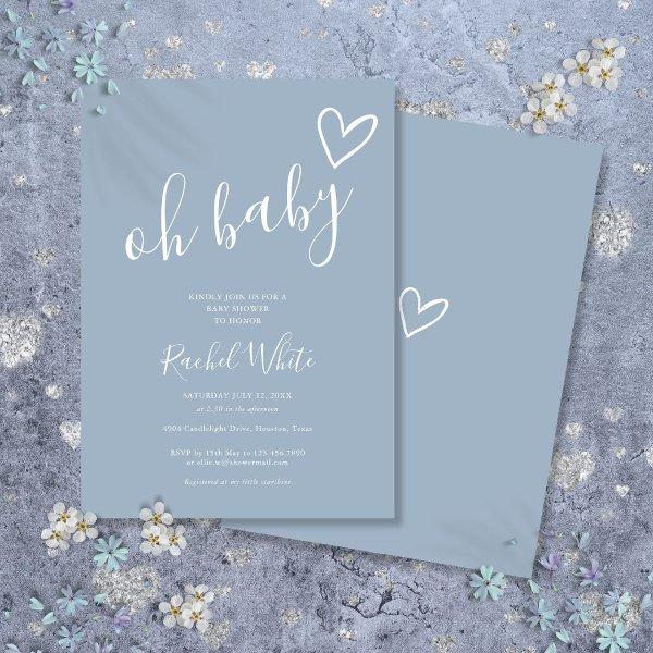 Oh Baby Shower Heart Dusty Blue Minimalist