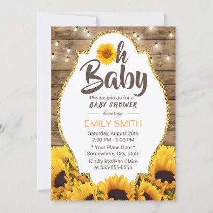 Oh Baby Shower Rustic Sunflowers & String Lights Invitation