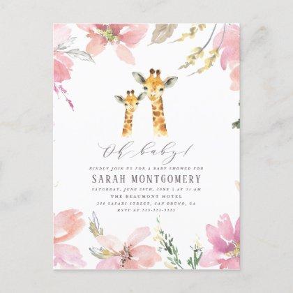 Oh Baby Watercolor Floral Giraffe Baby Shower Invitation Postcard