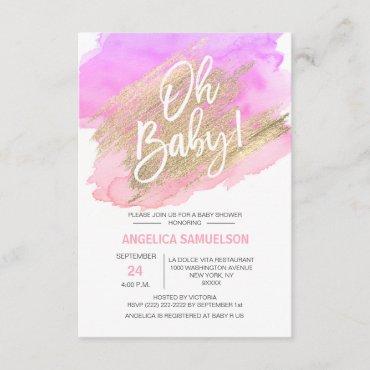 OH BABY! Watercolor Gold Pink Purple Baby Shower Invitation
