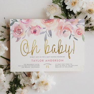 Oh Baby Watercolor Roses Greenery Gold  Postcard