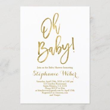 Oh Baby white and gold baby shower Invitation