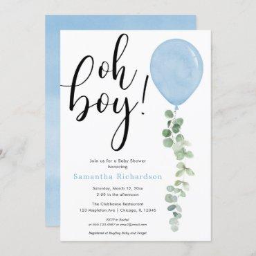 Oh Boy balloon greenery eucalyptus baby shower Invitation