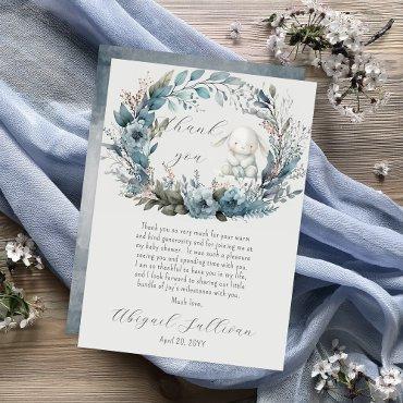 Oh Boy Bunny Rabbit Blue Floral Wreath Baby Shower Thank You Card