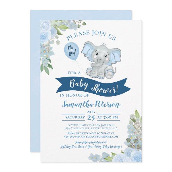 Oh Boy! Cute Elephant Blue Floral