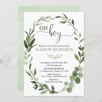 Oh Boy Greenery eucalyptus foliage baby shower Invitation