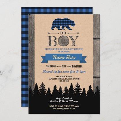 Oh Boy Lumberjack Baby Shower Blue Bear Invite