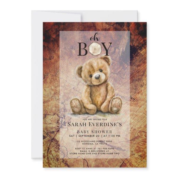 Oh Boy Teddy Bear Rustic Wood Grain Baby Shower