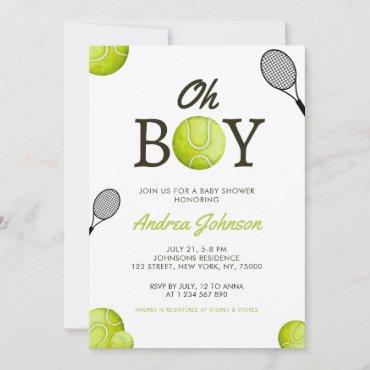 Oh Boy Tennis Baby Shower Watercolor Racket & Ball Save The Date