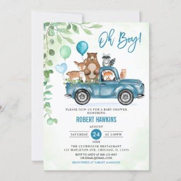 Oh Boy! Woodland Animals Blue Truck Baby Shower Invitation