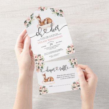 Oh Deer Baby Shower Watercolor Floral All In One Invitation