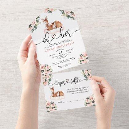 Oh Deer Baby Shower Watercolor Floral All In One Invitation