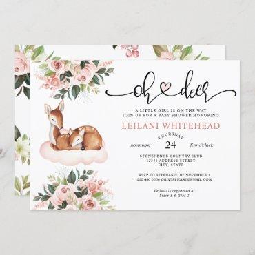 Oh Deer Baby Shower Watercolor Floral Botanical Invitation