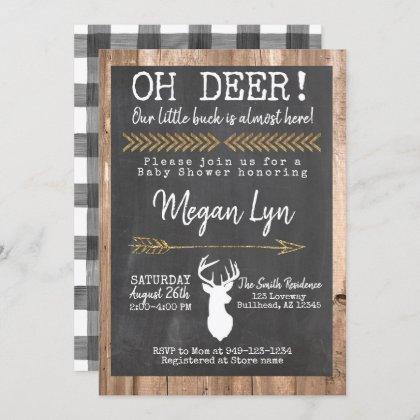 OH Deer! Little Buck Buffalo Plaid Baby Shower Invitation